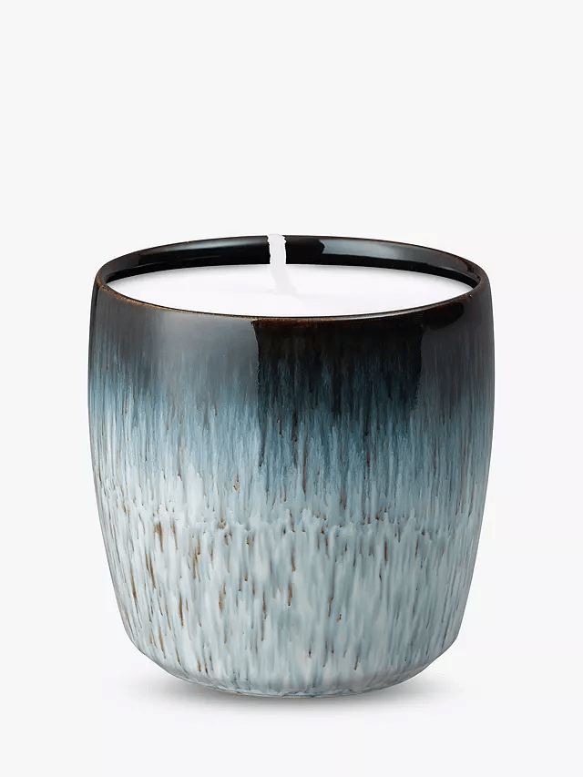 Ceramic candle in blue and white ombre glaze.