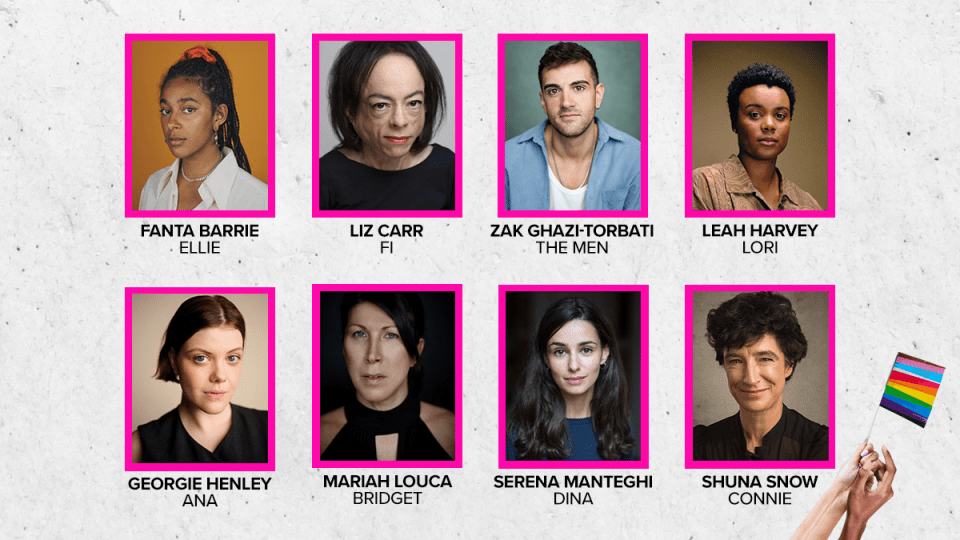 Collage of headshots of the cast of a play.