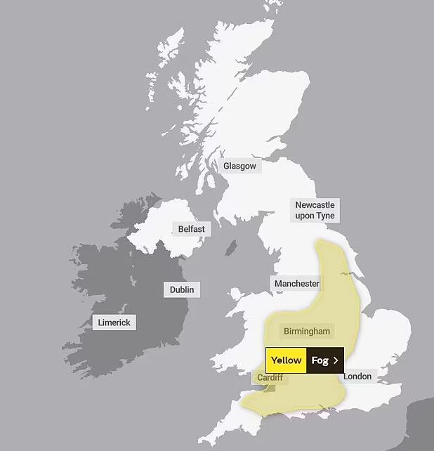 The Met Office issued a yellow weather warning as fog stretched through much of England