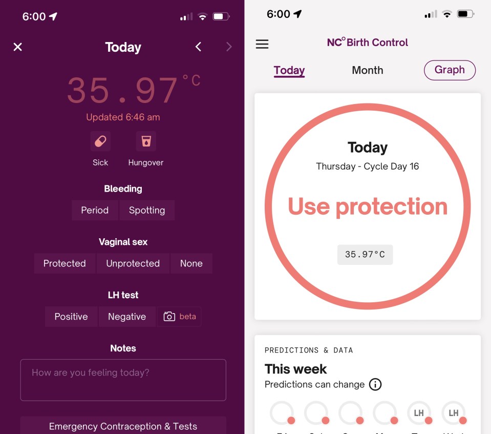 two screenshots of a nc birth control app