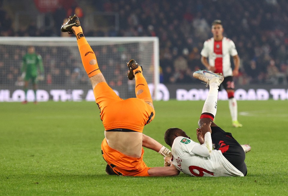 The goalkeeper fell awkwardly to the ground but was fine to continue