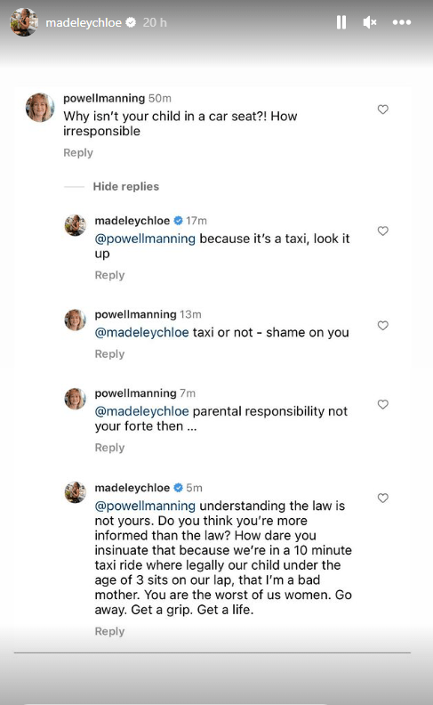 Chloe continued to defend herself on Instagram stories by telling her followers that women thinking they care more for her baby than her "never fails to shock and disgust me"