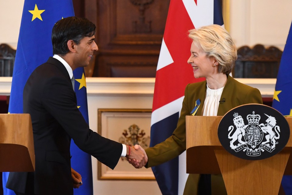 epa10494065 Britain's Prime Minister Rishi Sunak (L) and European Commission President Ursula von der Leyen (R) shake hands at the end of a joint news conference on a post-Brexit deal in Windsor, Britain, 27 February 2023. The UK and European Union reached a deal on Northern Ireland's trading arrangements, ending more than a year of often acrimonious wrangling over the post-Brexit settlement for the region, people familiar with the matter said. EPA/CHRIS J. RATCLIFFE / POOL