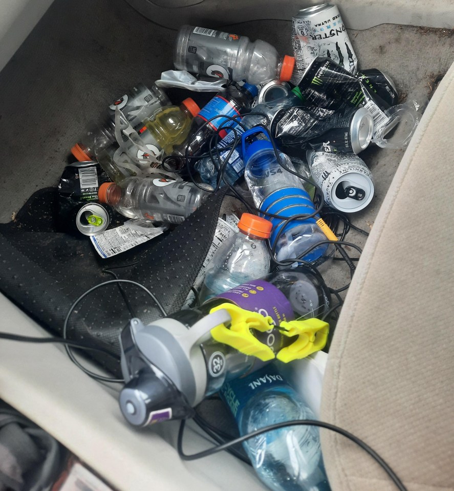 The grim rubbish heap left by the woman's husband in their car