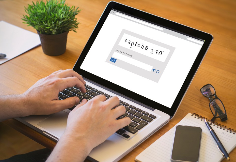 Person typing captcha code on laptop.