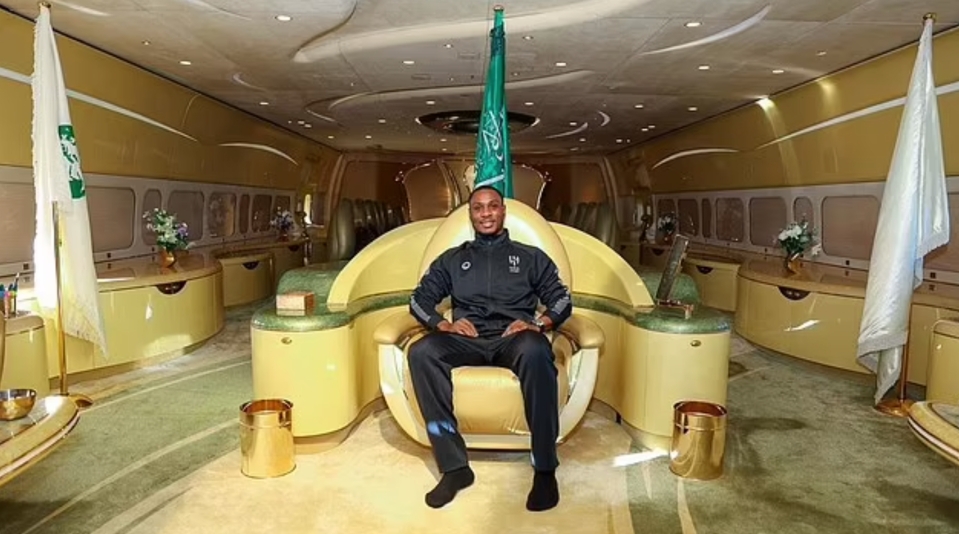 Odion Ighalo on a throne inside a £173million plane chartered by a billionaire Al-Hilal fan