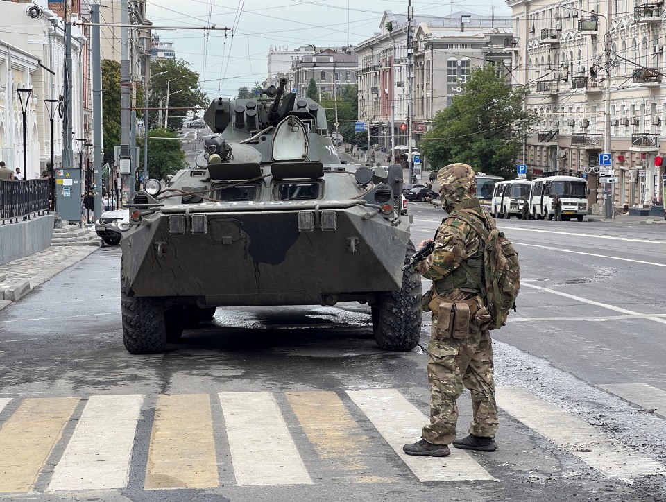 Fighters of Wagner private mercenary group stood on guard in Rostov-on-Don earlier today