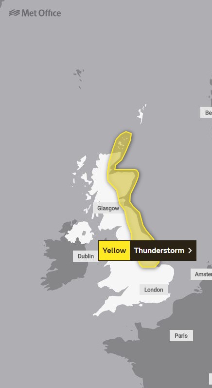 The Met Office has issued a thunderstorm warning for 1-9pom on Sunday