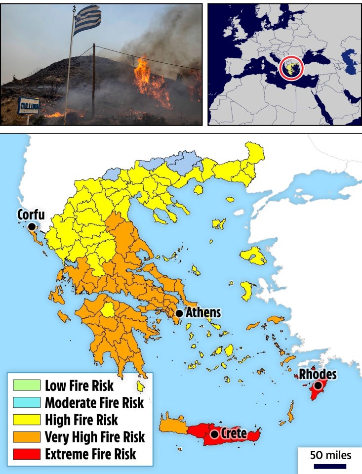A map of the wildfire warnings across Greece and the Ionian Islands
