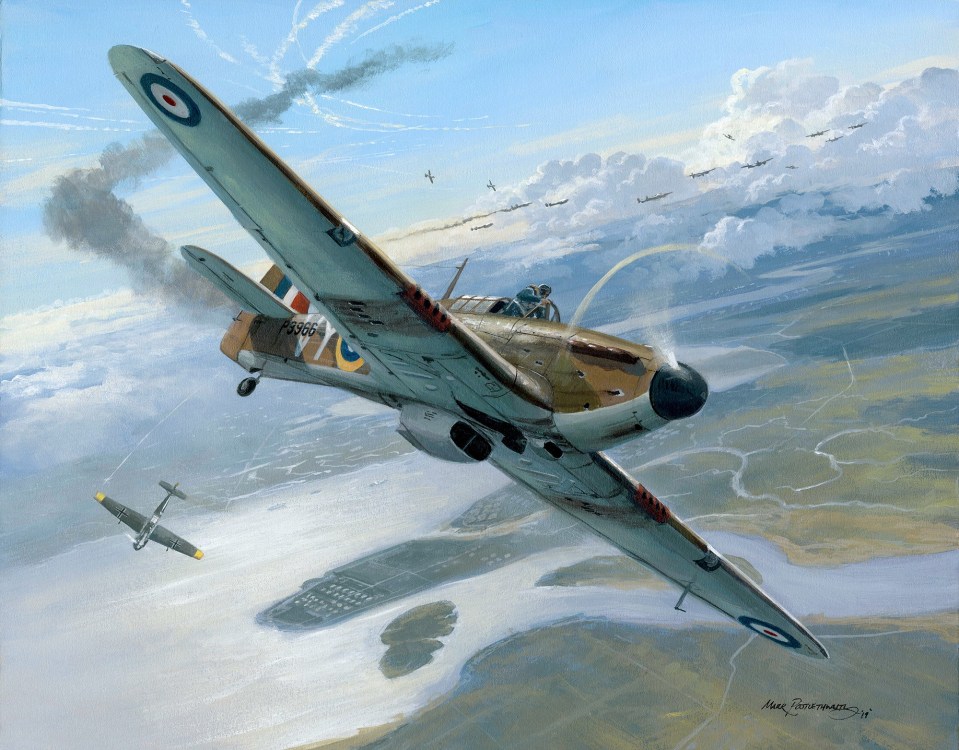 Illustration of a British fighter plane in flight during a battle.