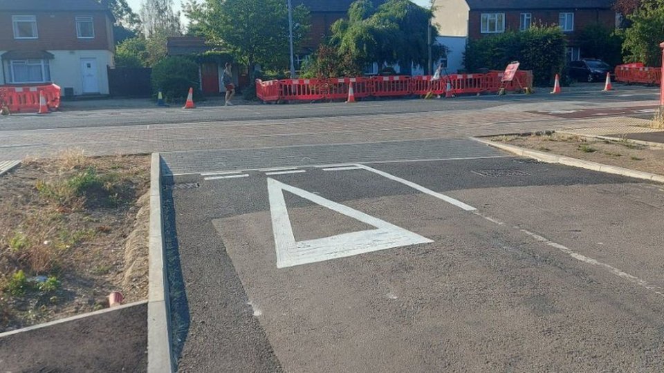 The first attempt at the road markings which led to confusion