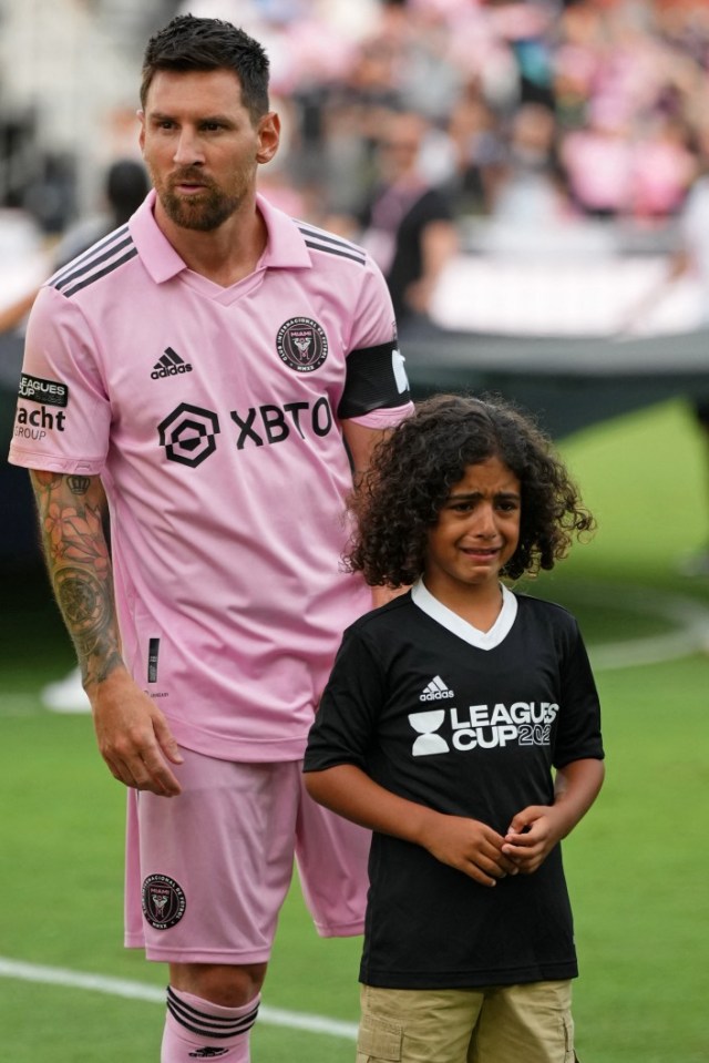 Jul 25, 2023; Fort Lauderdale, FL, USA; Inter Miami CF forward Lionel Messi (10) and Asahd Tuck Khaled, son of DJ Khaled, before the game at DRV PNK Stadium. Mandatory Credit: Jasen Vinlove-USA TODAY Sports