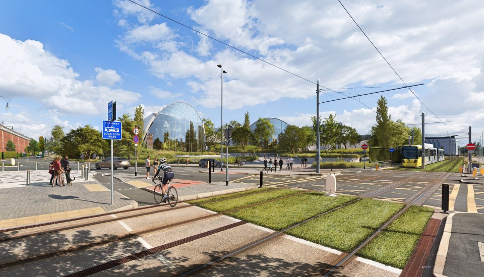 an artist 's impression of a street with a blue sign that says ' bus lane ' on it