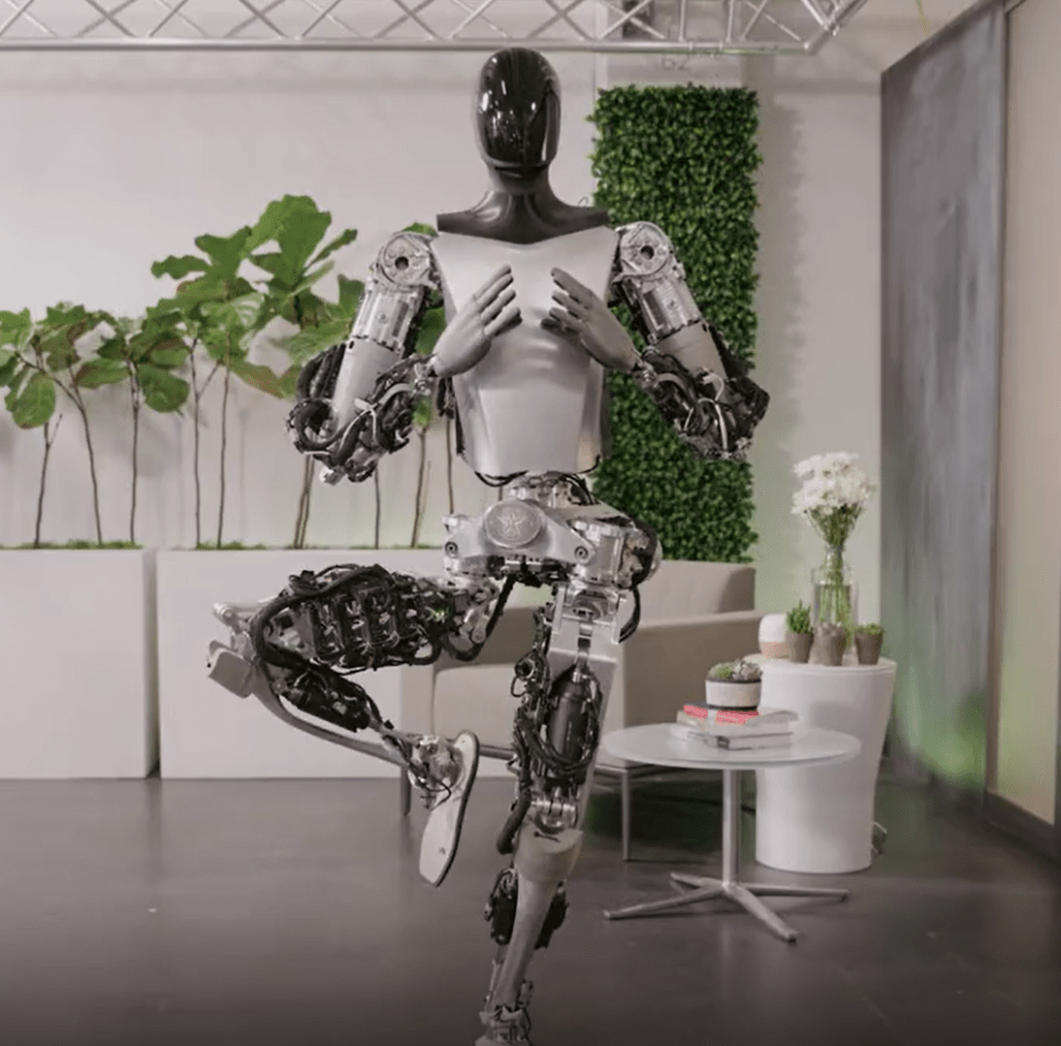 a robot is standing on one leg in a living room