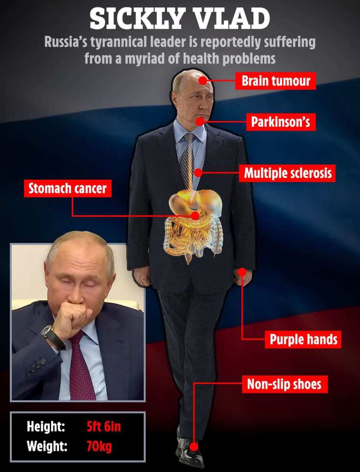 Illustration of Vladimir Putin with reported health problems indicated.