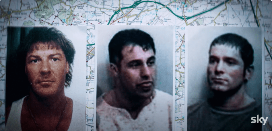 Mugshots of three men displayed on a map.