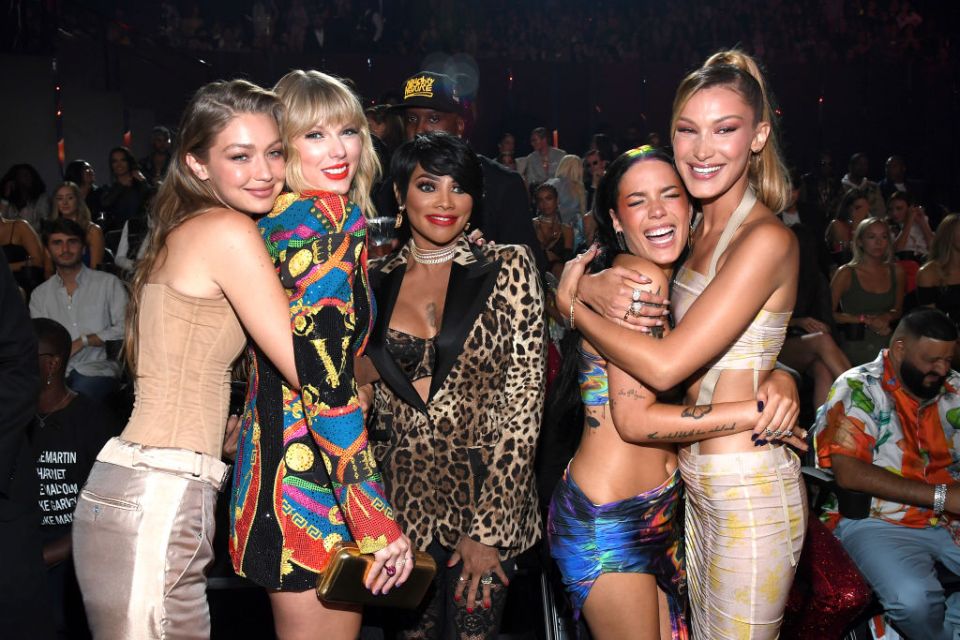 NEWARK, NEW JERSEY - AUGUST 26: (L-R) Gigi Hadid, Taylor Swift, Sandra "Pepa" Denton, Halsey and Bella Hadid attend the 2019 MTV Video Music Awards at Prudential Center on August 26, 2019 in Newark, New Jersey. (Photo by Kevin Mazur/WireImage)