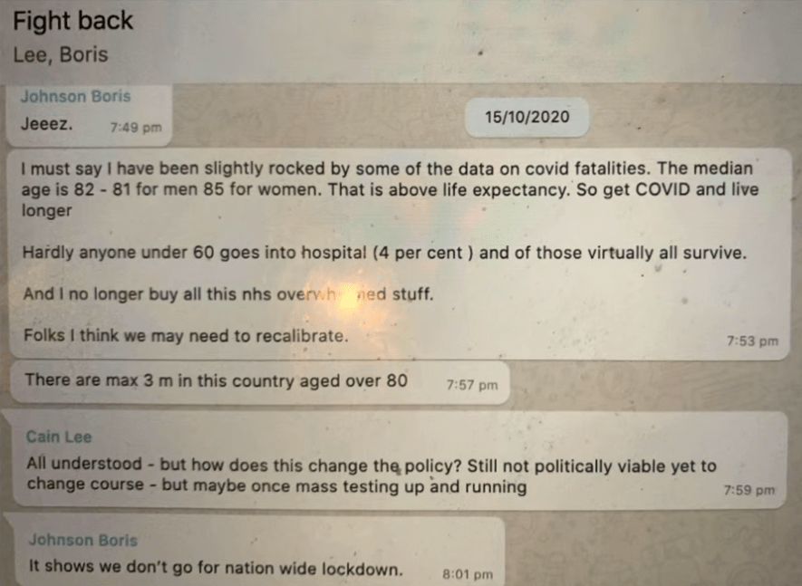 WhatsApps showing Boris Johnson saying he does not believe the NHS would get overwhelmed
