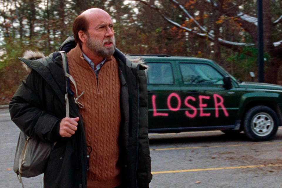 This image released by A24 shows Nicolas Cage in a scene from "Dream Scenario" (A24 via AP)