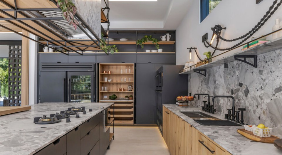 The kitchen has its own island