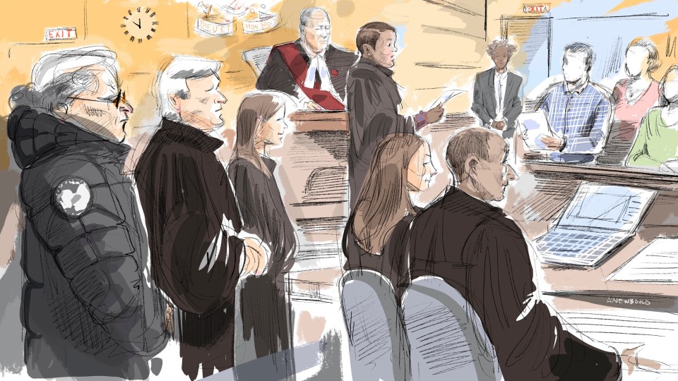 Nygard, left, stood as he faced conviction in a Toronto court on Sunday
