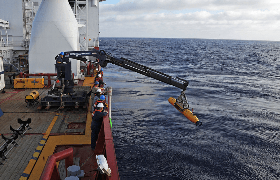 The ship Ocean Shield deploys an autonomous underwater vehicle as part of the search for MH370 in 2014