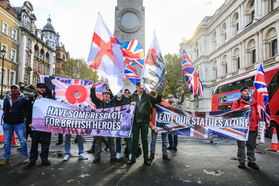 Protesters gathered around the Cenotaph on Saturday in a show of solidarity with Britain's war dead