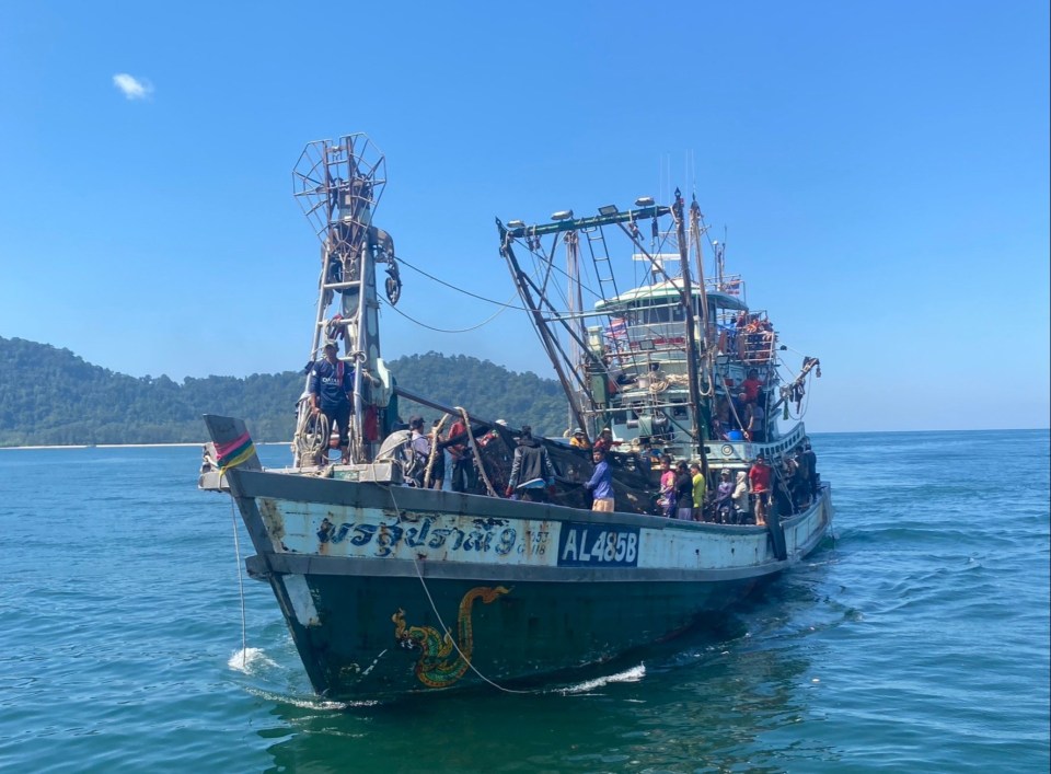 PICTURED: A passing fishing traweler rescues 12 tourists includig a British family.   Rescue teams were today searching for a missing British tourist after a diving boat sank in rough seas off the coast of a Thai island.</p>
<p>Millie Young, 57, was on a dream trip with family friends from Brighton visiting the idyllic Surin Islands archipelago in southern Thailand this morning.</p>
<p>But the ship Reggae Queen was battered by large waves and took on water around four nautical miles from the enclave of tropical islands, popular with snorkeling and diving trips.  PACKAGE: Video, picures, text