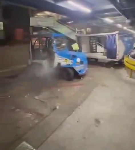It crashed into the vehicles used on the runway