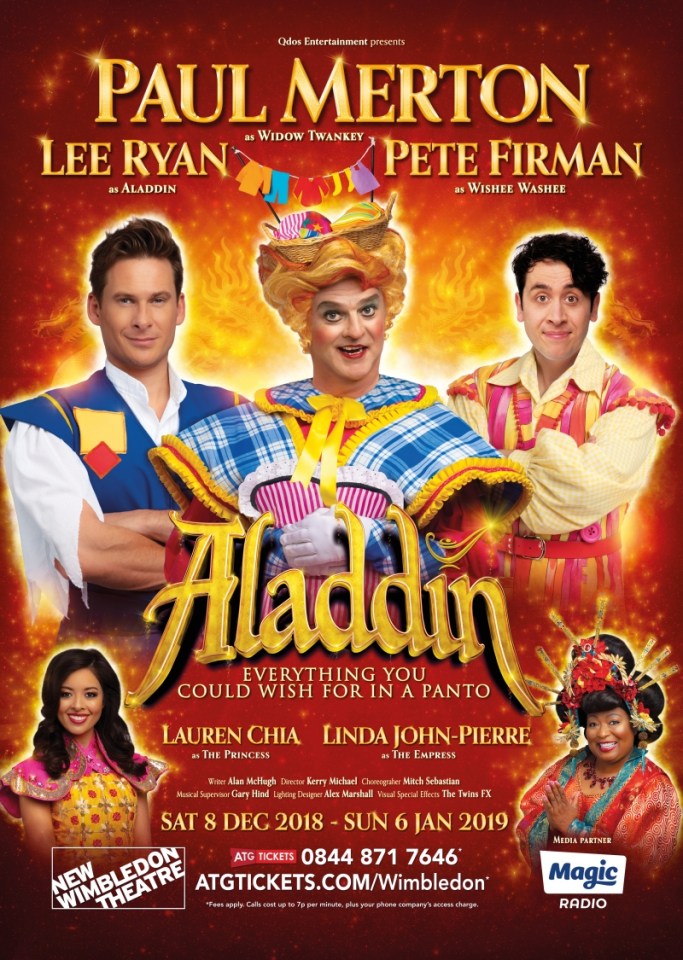 Aladdin pantomime poster featuring Lee Ryan, Paul Merton, and Pete Firman.