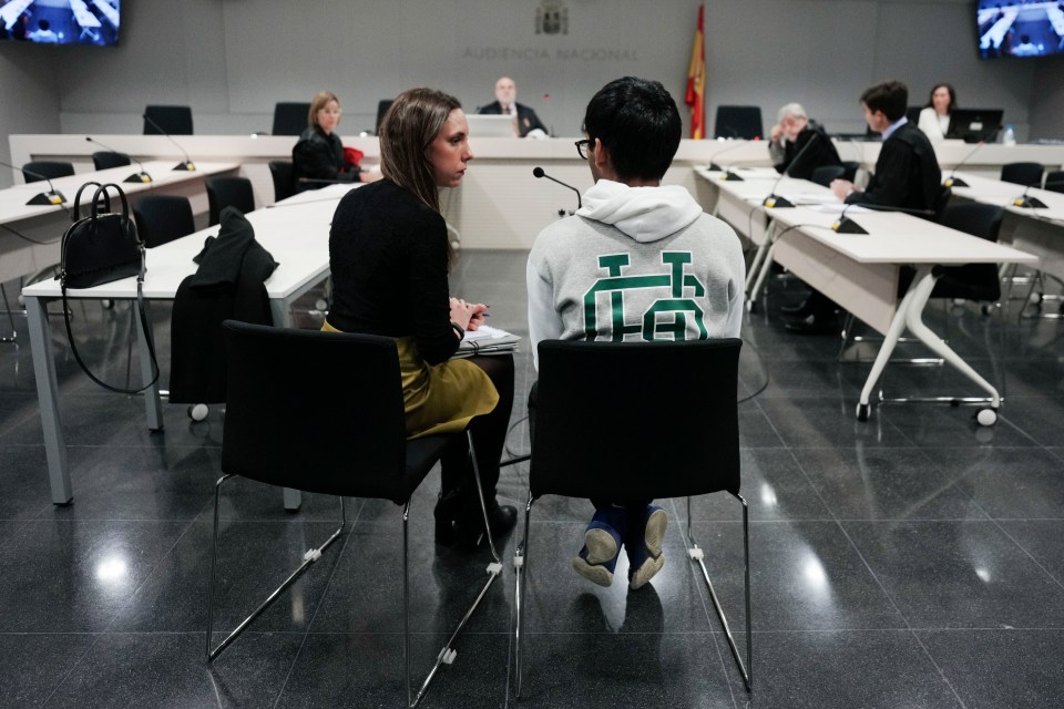 Aditya attends his trial session over a bomb hoax at Spain’s National Court in Madrid on Monday