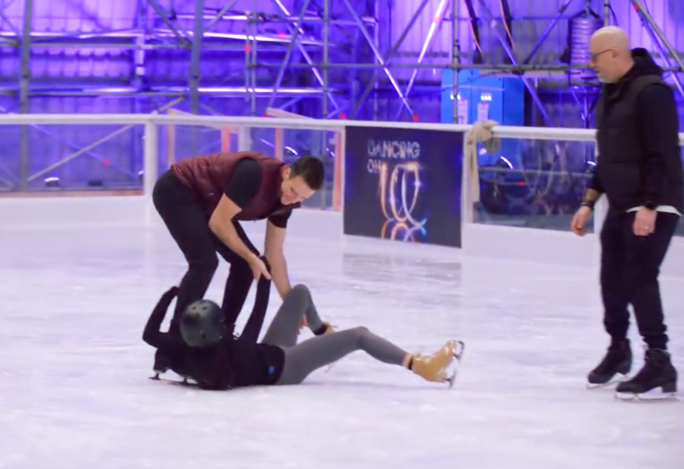 Amber Davies came clattering down on the ice