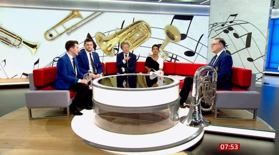 During the show Charlie, 61, and Naga, 48, welcomed Stacksteads Brass Band to the red sofa