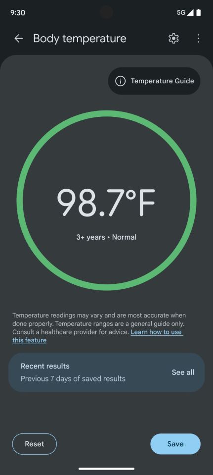 Body temperature mode in the Thermometer app on Pixel 8 Pro