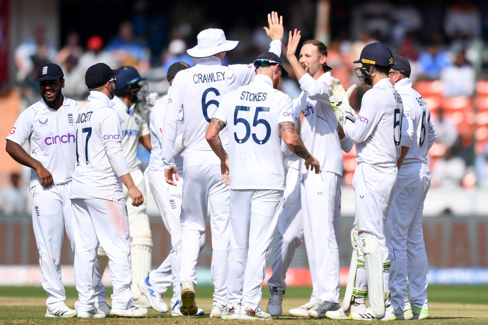 England’s Tom Hartley celebrating with teammates his after taking a catch to dismiss Axar Patel on day four of the first Test between India and England in Hyderabad