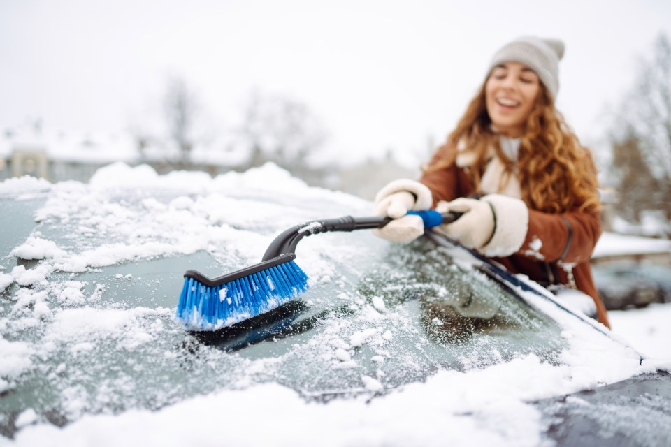 a woman is cleaning the windshield of her car with a blue brush