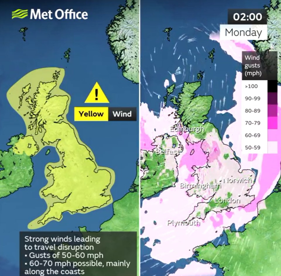 Brits are braced for gusts of 50-60mph