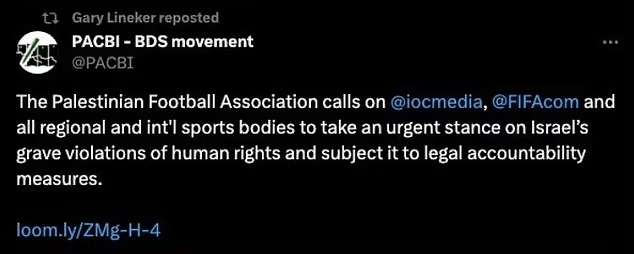 He reposted a tweet that called upon FIFA and the IOC to ban Israel from global tournaments and matches
