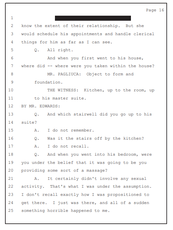 Exhibit 3, page 16, where a new Jane Doe gives testimony that 'something horrible' happened to her at Epstein's home