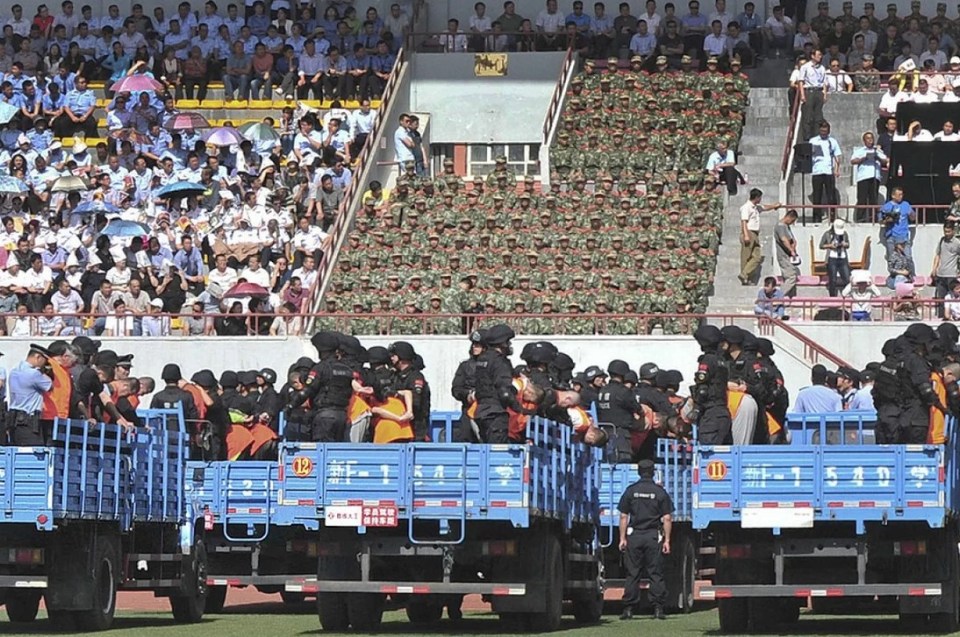 The public sentencing of 55 people in a stadium in Yining, northern Xinjiang province in China