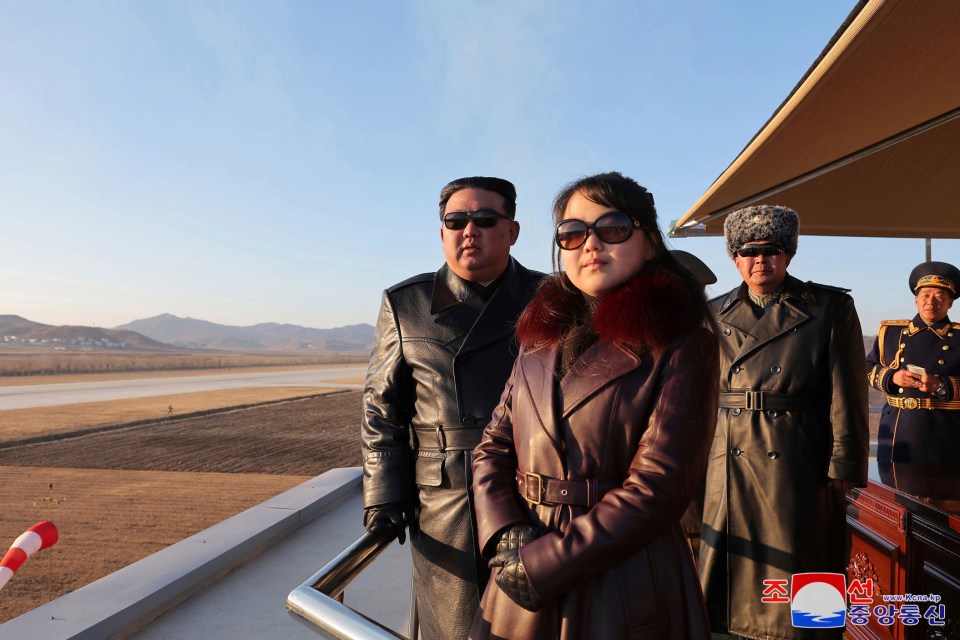 Kim Ju-ae was pictured front and centre at an air force display in January in a strikingly similar get up to her father