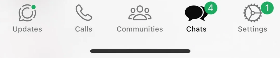 WhatsApp interface showing Updates, Calls, Communities, Chats (4 unread), and Settings (1 unread).