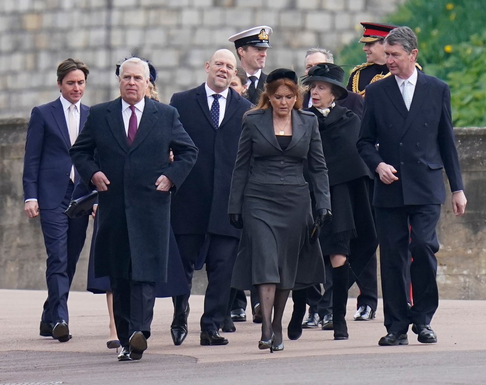 Prince Andrew, Mike Tindall, Sarah Ferguson and the Princess Royal were also in attendance