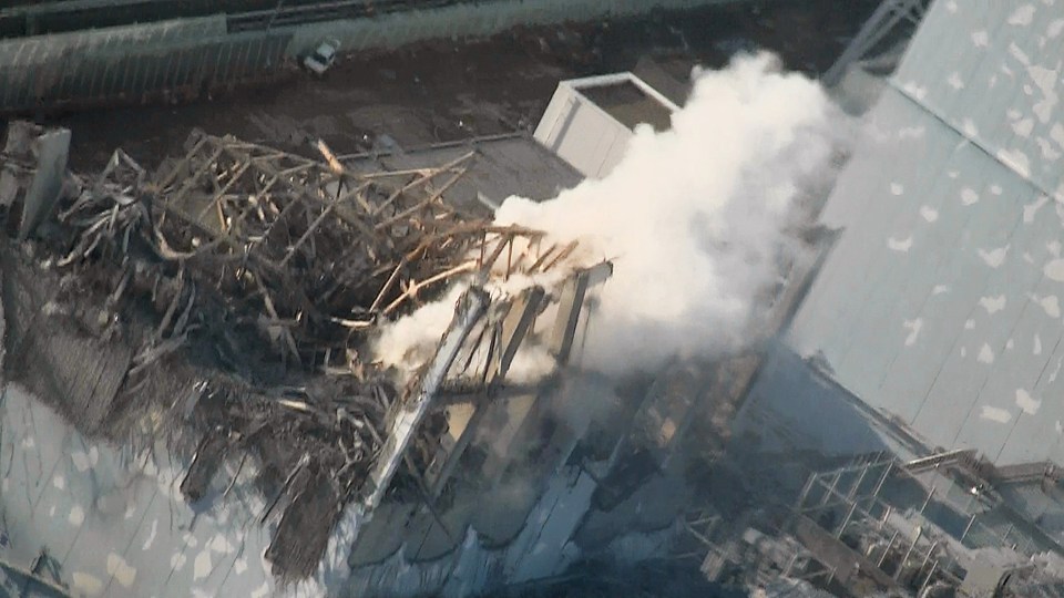 Thick while smoke billows from the No. 3 reactor during the disaster