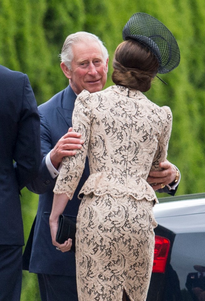 THIEPVAL, FRANCE - JULY 01: Prince Charles, Prince of Wales greets Catherine, Duchess of Cambridge at a Commemoration of the Centenary of the Battle of the Somme at The Commonwealth War Graves Commission Thiepval Memorial on July 01, 2016 in Thiepval, France. (Photo by Mark Cuthbert/UK Press via Getty Images)