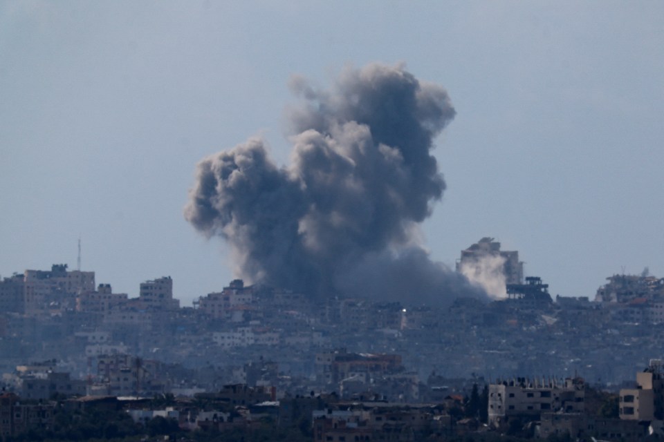 Smoke rises from Gaza during an explosion following an airstrike, amid the ongoing conflict between Israel and the Palestinian group Hamas, as seen from Israel March 9, 2024. REUTERS/Amir Cohen TPX IMAGES OF THE DAY