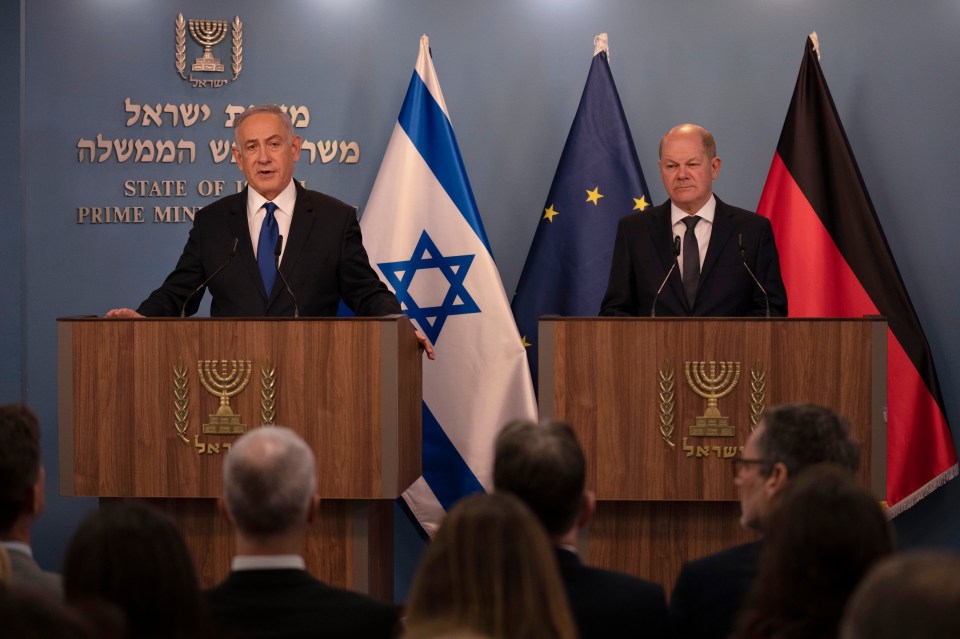 Israeli Prime Minister Benjamin Netanyahu, left, speaks after meeting with German Chancellor Olaf Scholz in Jerusalem on Sunday