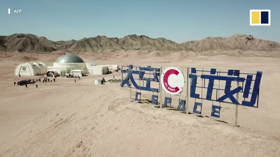 A simulation base in the Gobi desert includes a variety of space facilities rocky, martian-like landscape