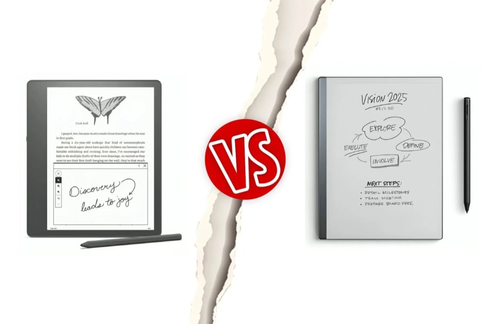 Comparison of e-readers: one displaying text and handwritten notes, the other showing a hand-drawn plan.