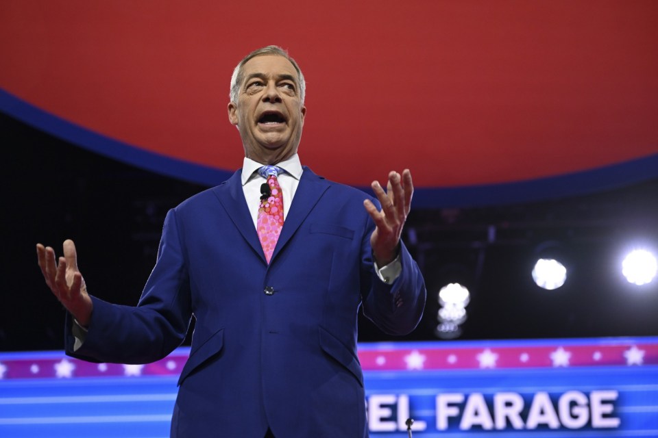 MARYLAND, UNITED STATES - FEBRUARY 23: Former Member of the European Parliament and former Leader of the UK Independence Party (UKIP) Nigel Farage delivers remarks as he attends the 2024 Conservative Political Action Conference (CPAC) at the Gaylord National Resort and Convention Center in Maryland, United States on February 23, 2024. (Photo by Celal Gunes/Anadolu via Getty Images)